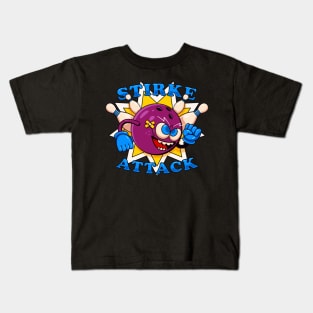 Strike attack, illustration of bowling ball mascot attacking skittles Kids T-Shirt